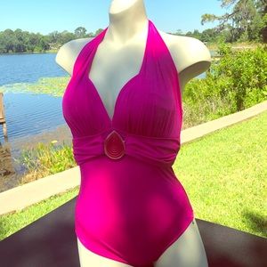 Women’s Hot Pink V-Front Halter One Piece